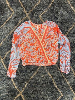 Free People Coral and Light Blue Wrap Blouse